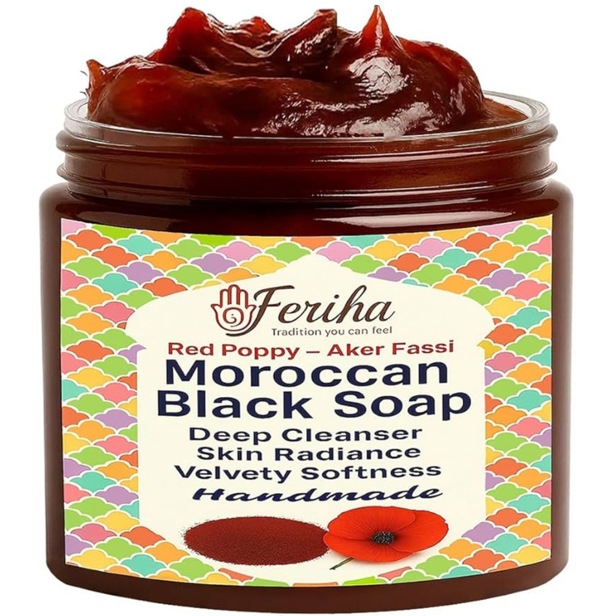 Moroccan Black Soap with Aker Fassi – Red Poppy Petals & Pomegranate Shell – 100% Natural Artisan Beldi Hammam Soap for Radiance, Skin Firming & Deep Cleansing – Sourced & Crafted in Morocco