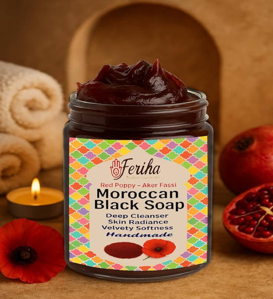 Moroccan Black Soap with Aker Fassi – Red Poppy Petals & Pomegranate Shell – 100% Natural Artisan Beldi Hammam Soap for Radiance, Skin Firming & Deep Cleansing – Sourced & Crafted in Morocco